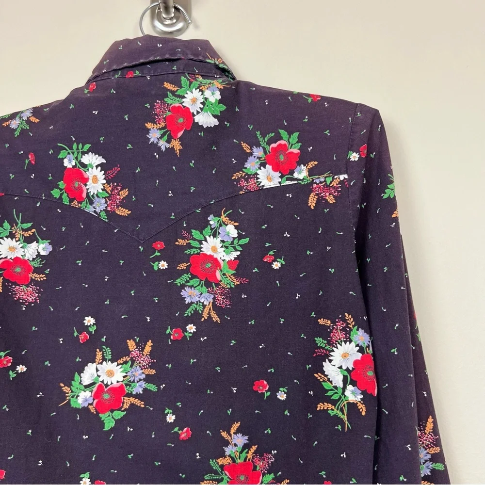vintage 1950s western shirt black pearl snaps floral print dagger collar hippie - Picture 6 of 14
